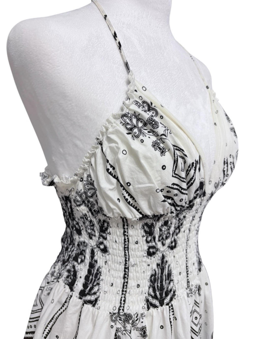 Striking 100% Cotton White and Black Bandana Printed Boho-Chic Dress Beach SZ L - Picture 4 of 11